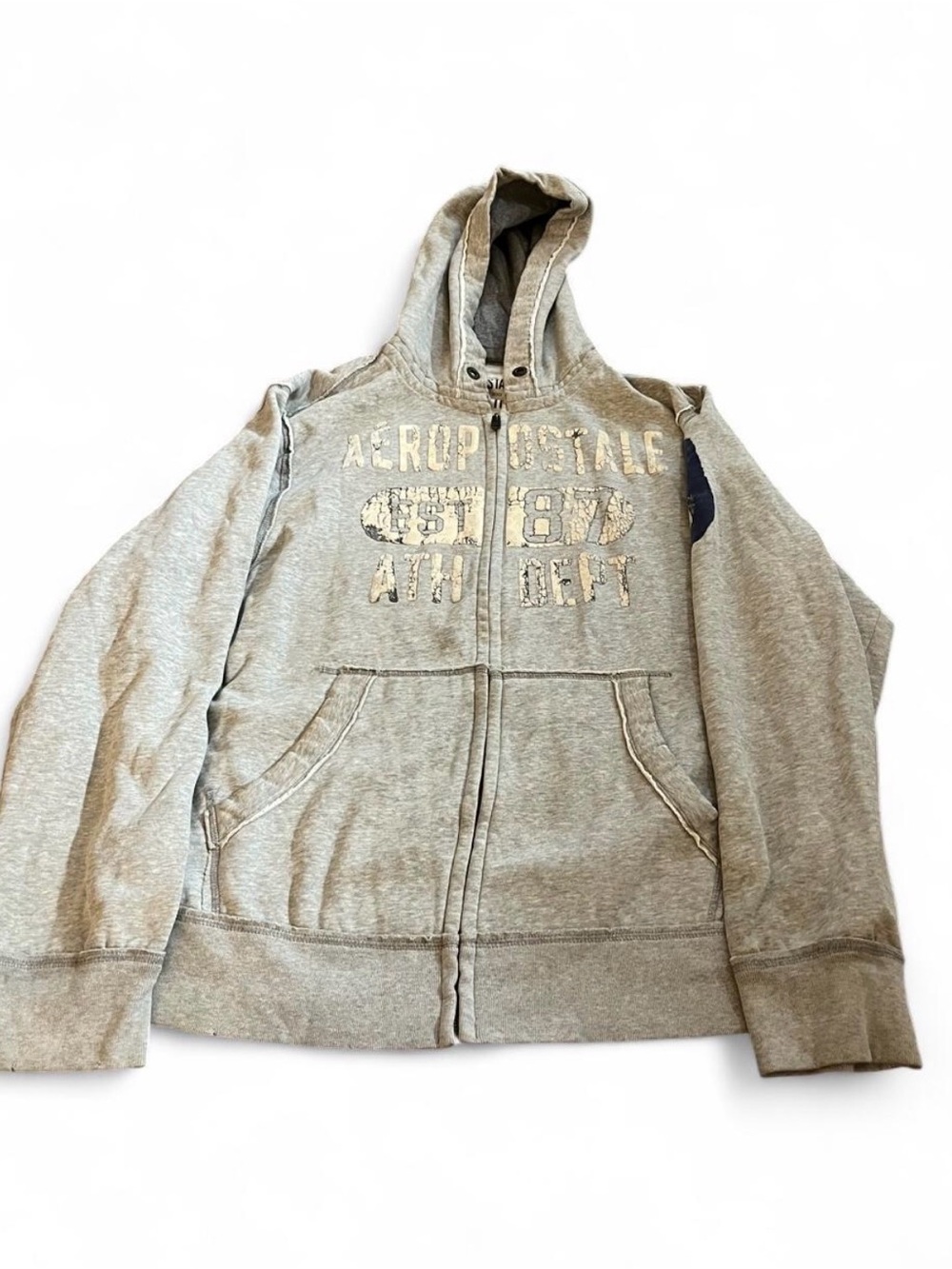 Menโs Vintage Gray Aeropostale Est 87 Full Zip Hoodie Distressed Size XXL